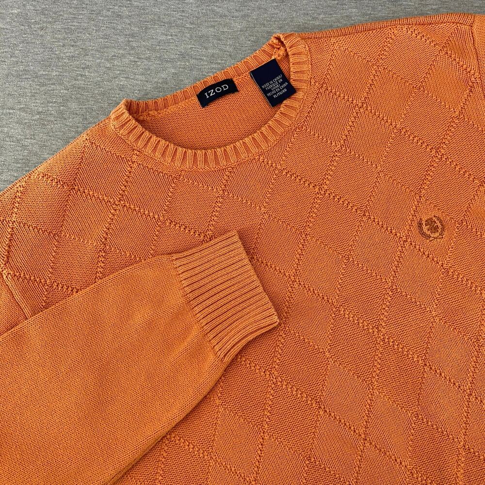 IZOD Sweater Women‎ XL Orange Cotton Diamond Knit Crew Neck Pullover